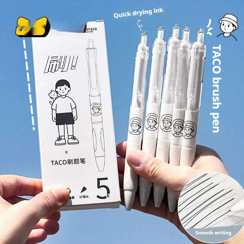 Five white ballpoint pens with 0.5mm black ink tips for student writing and exam use