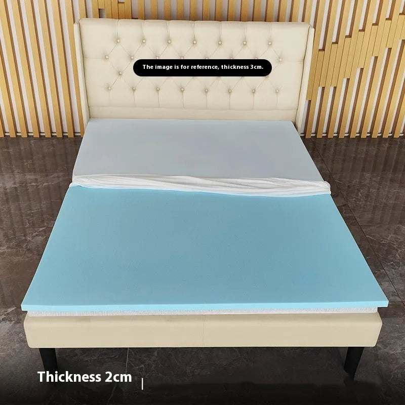 Thin gel memory cotton tatami mattress on a tatami floor, showing side profile to illustrate 2cm, 3cm, or 5cm thickness.