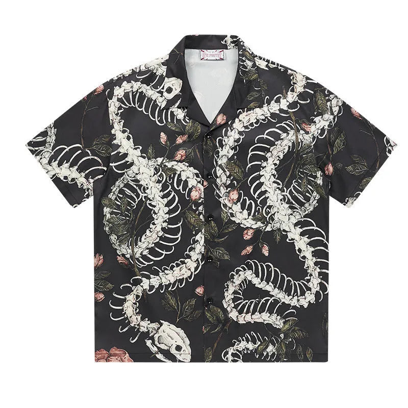 Men's snake bone pattern printed Cuban collar shirt with short sleeves and loose cardigan style