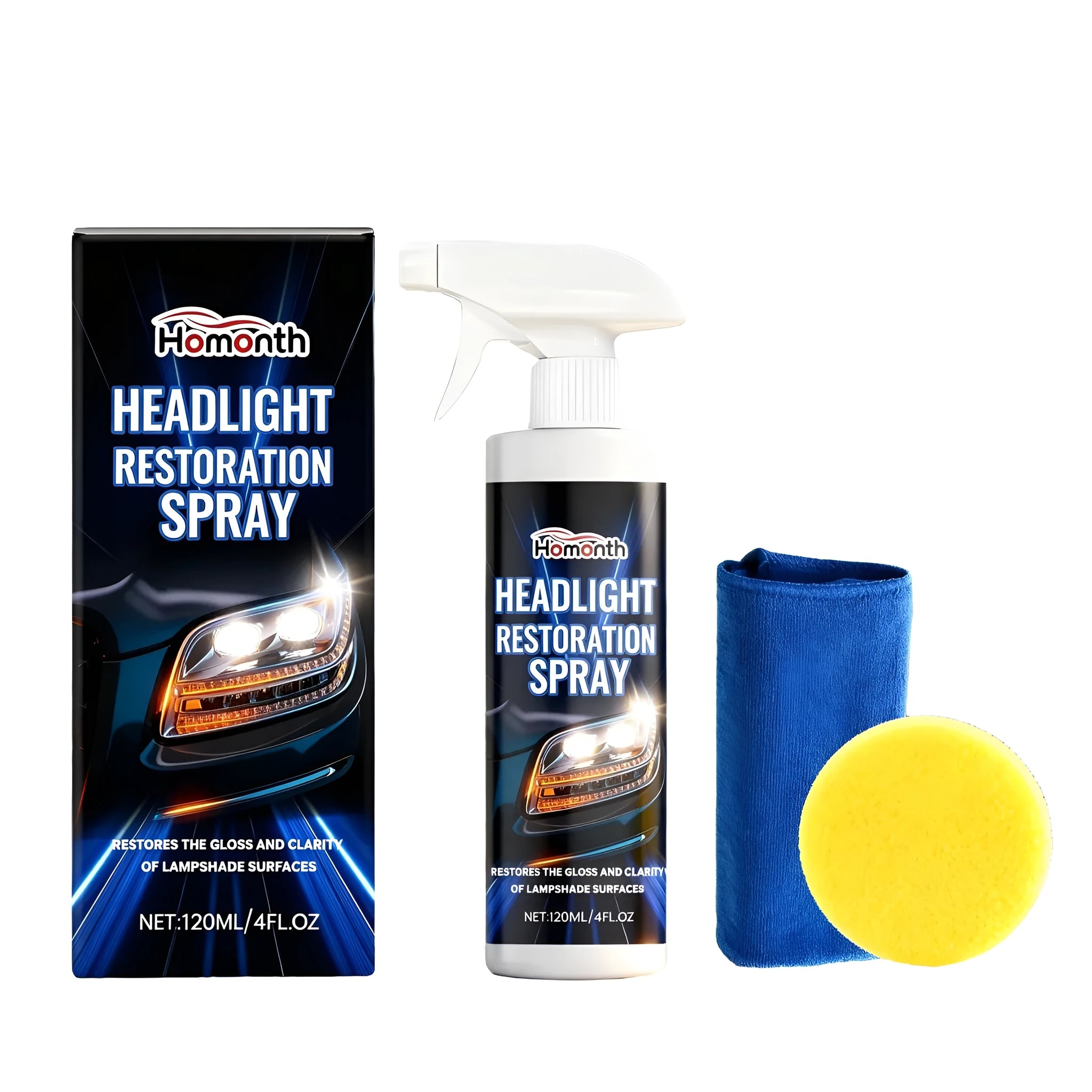 120ml headlight restoration spray bottle with PTFE formula, sponge applicator, and microfiber towel