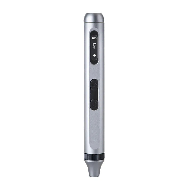 Precision electric screwdriver with aluminium handle showing scale against a ruler