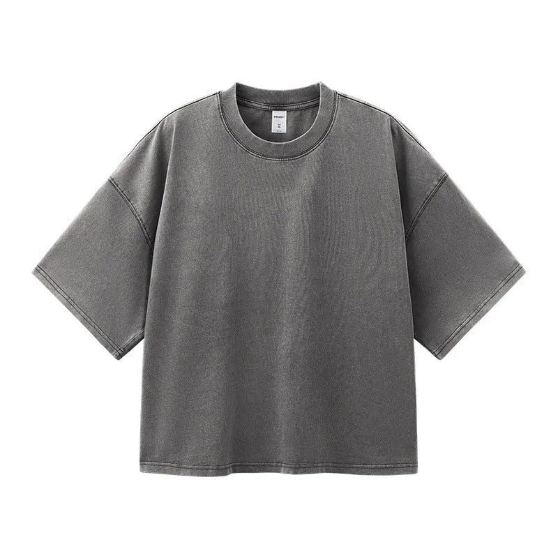 Men's vintage-style cotton t-shirt in khaki light colour with loose fit and drop-shoulder sleeves