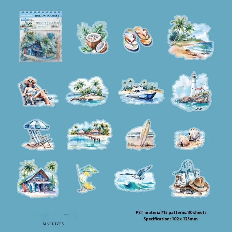 Six retro architecture journal stickers showing Paris Arc de Triomphe, London Big Ben, Maldives, Zurich, Rome Fontana di Trevi, and Bangkok Grand Palace