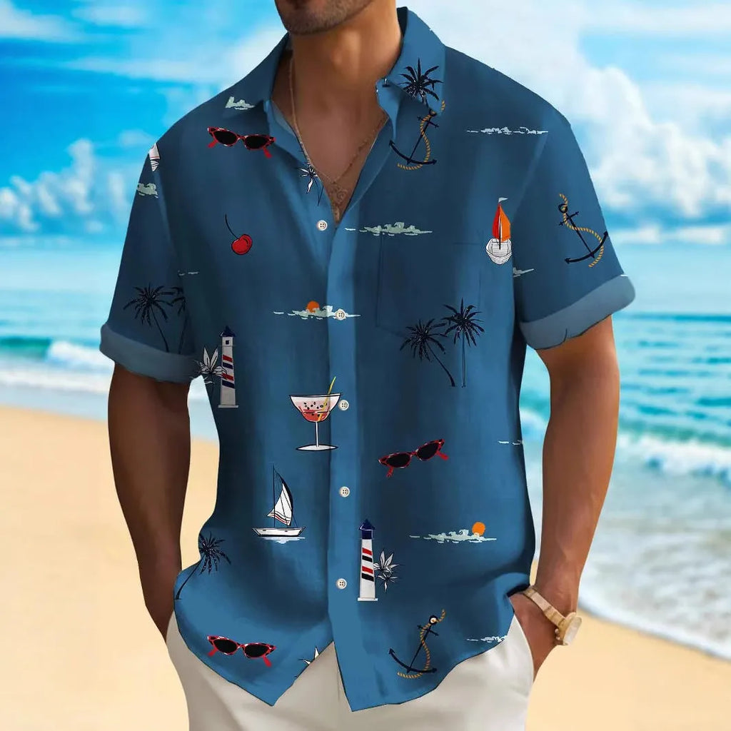 Man wearing a loose fit short sleeve Hawaiian shirt with a colourful digital print pattern.