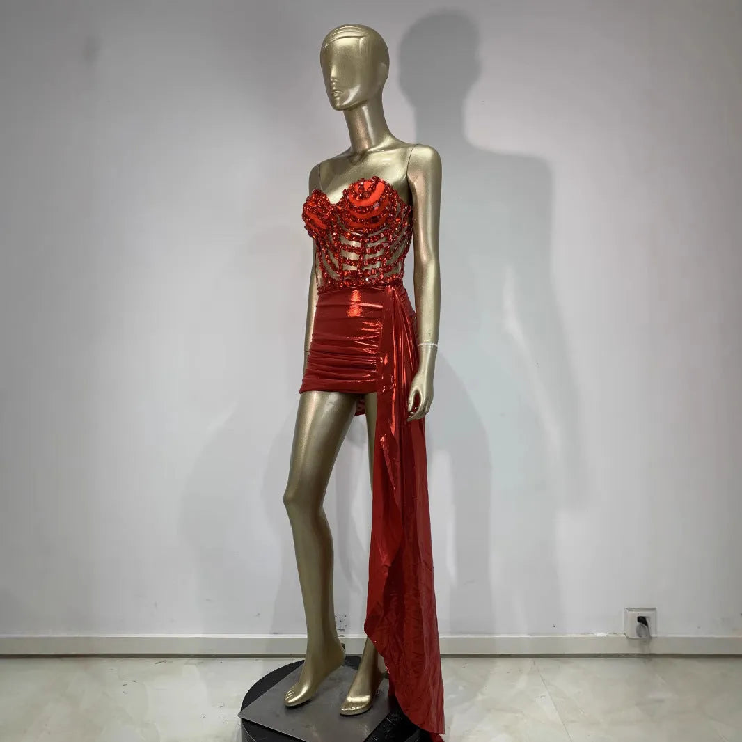 Red hollow mesh see-through skirt suit stage costume for women performers