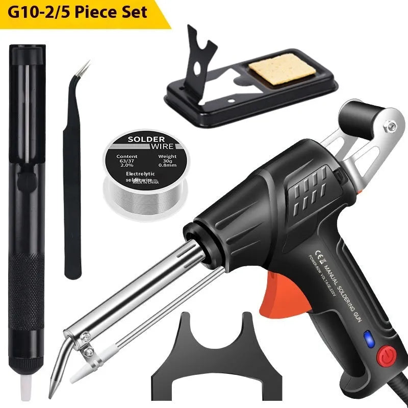 Black G102 alloy soldering gun set with light, five piece toolkit for electronics.