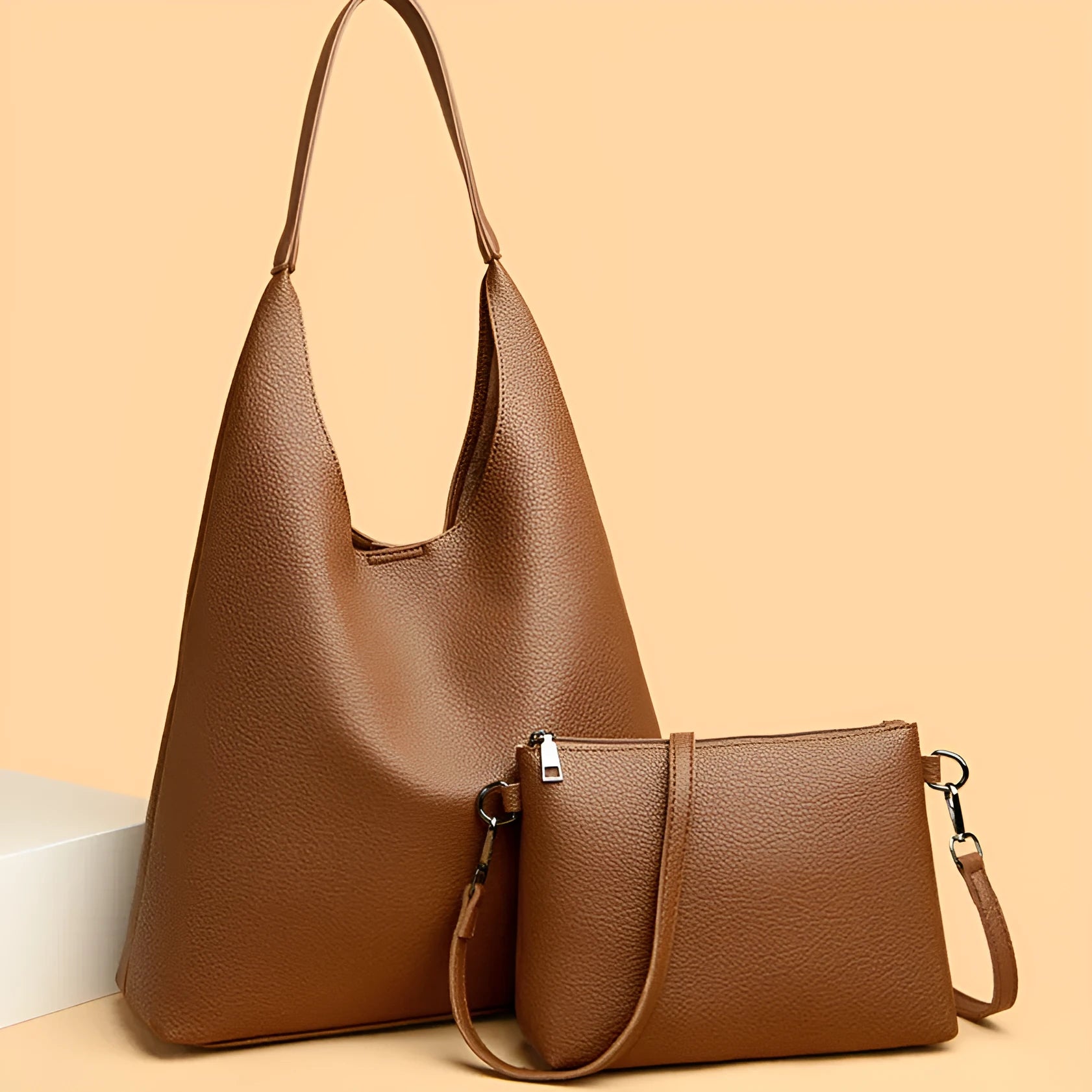 Retro large capacity soft PU leather shoulder bag in caramel colour, horizontal square shape