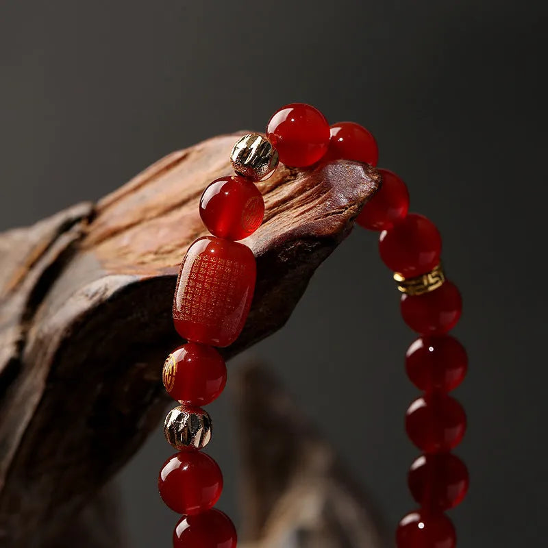 Red agate Guanyin bracelet with edge rosary design and auspicious patterns