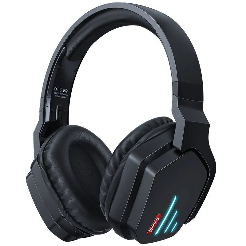 Luminous black wireless headphones with head-mounted design and noise reduction