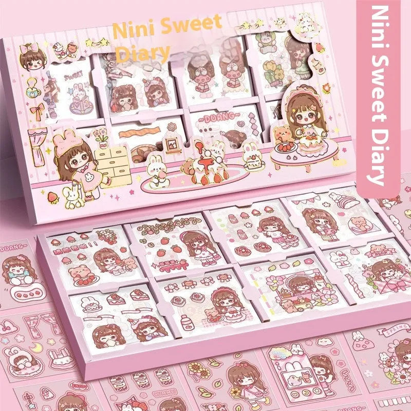 Children's themed sticker collection box with five printed adhesive designs