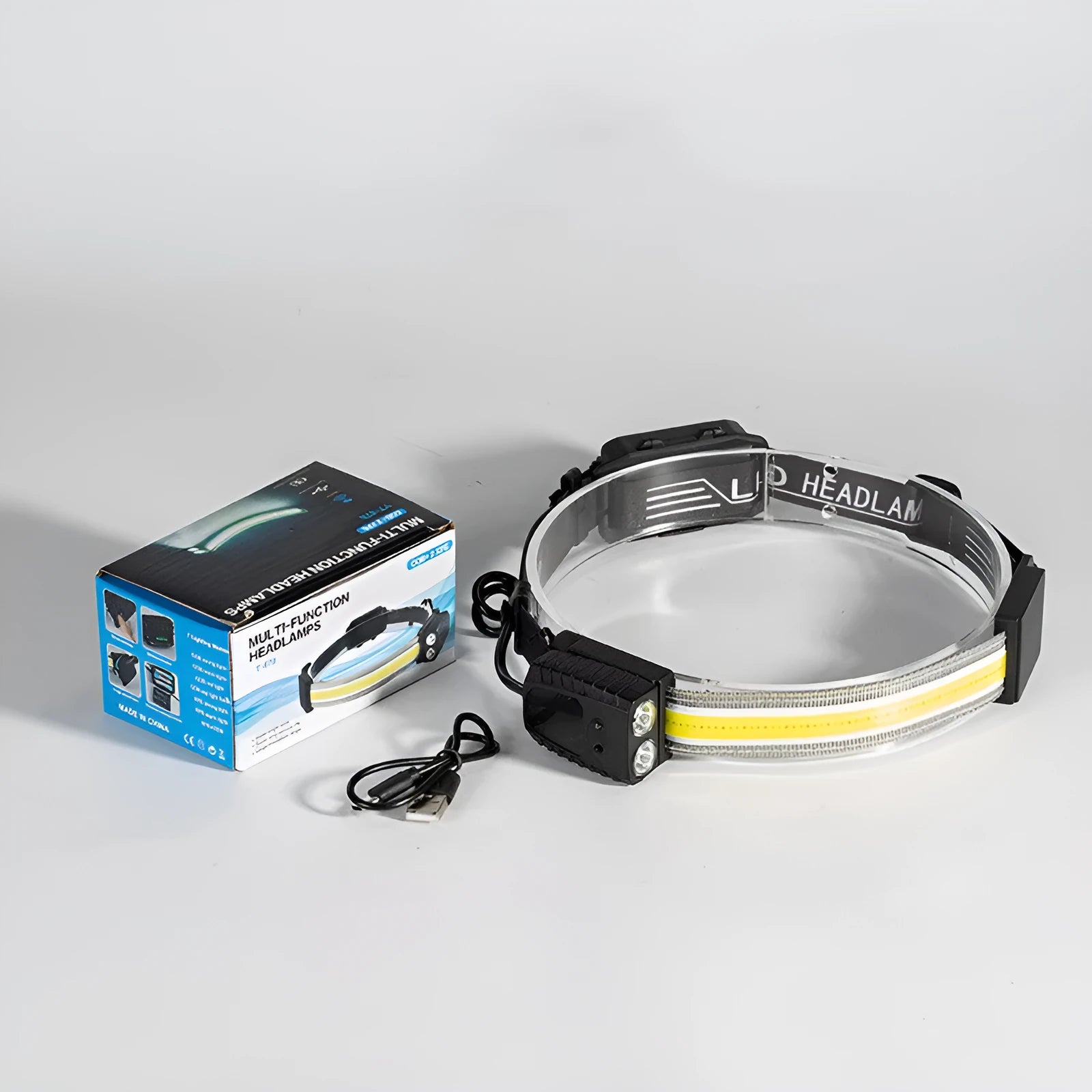 Black ABS multifunctional headlamp with COB and XPE LEDs, gesture sensing, and Type-C charging port