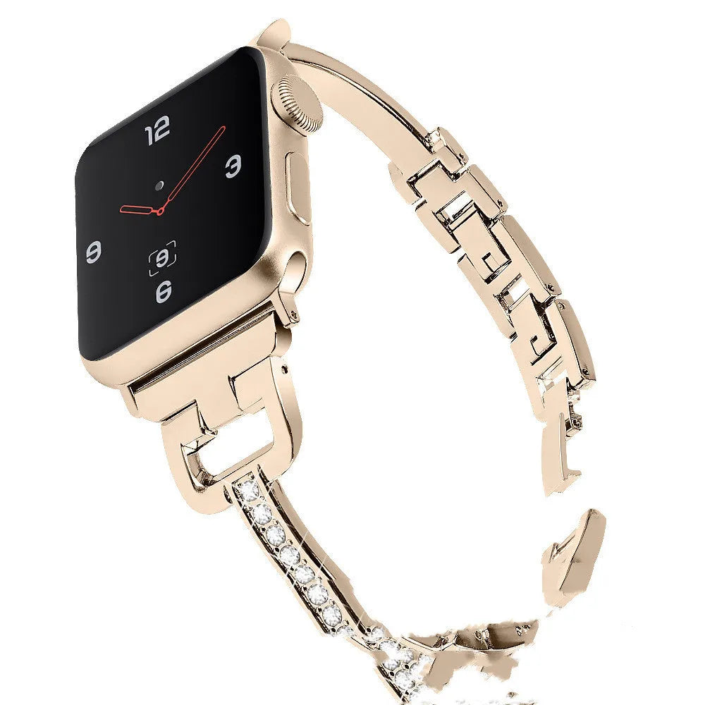 Apple Watch metal band with diamond detailing and D-shaped buckle in multiple colour options.