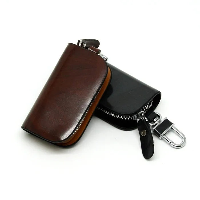 Genuine leather car key case with zipper in frosted black or brown.