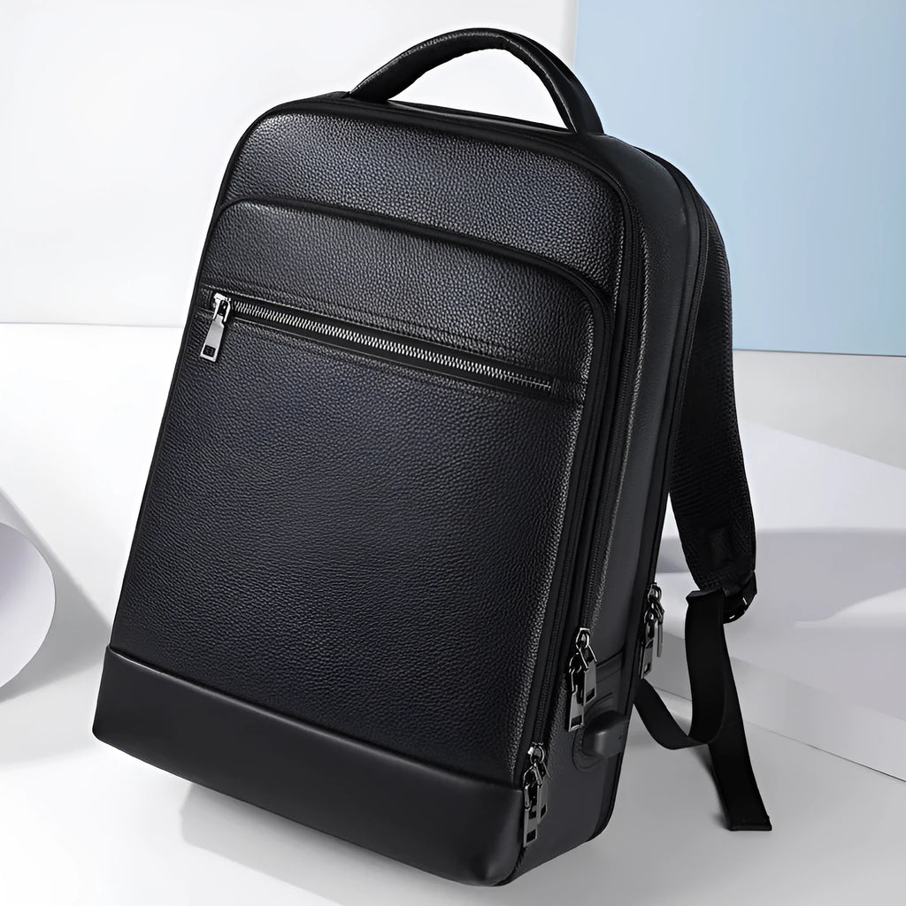 Black genuine leather men's business laptop backpack with curved shoulder straps