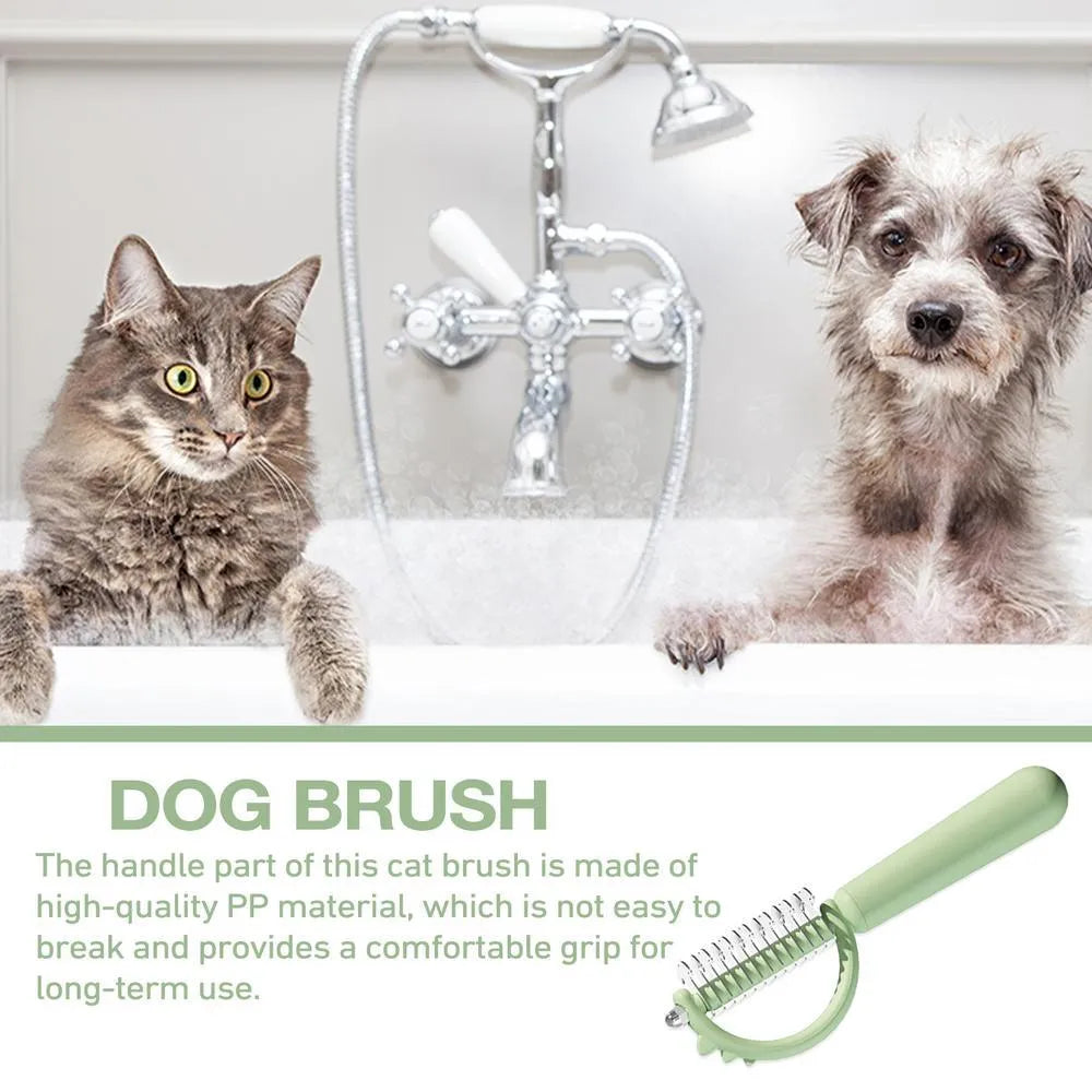 Dinosaur-shaped cat brush with stainless steel pins for self-cleaning pet grooming