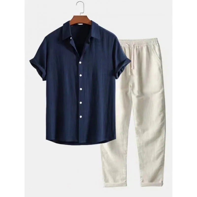Men's loose fit linen-blend short sleeve shirt and trousers casual suit set on a hanger.