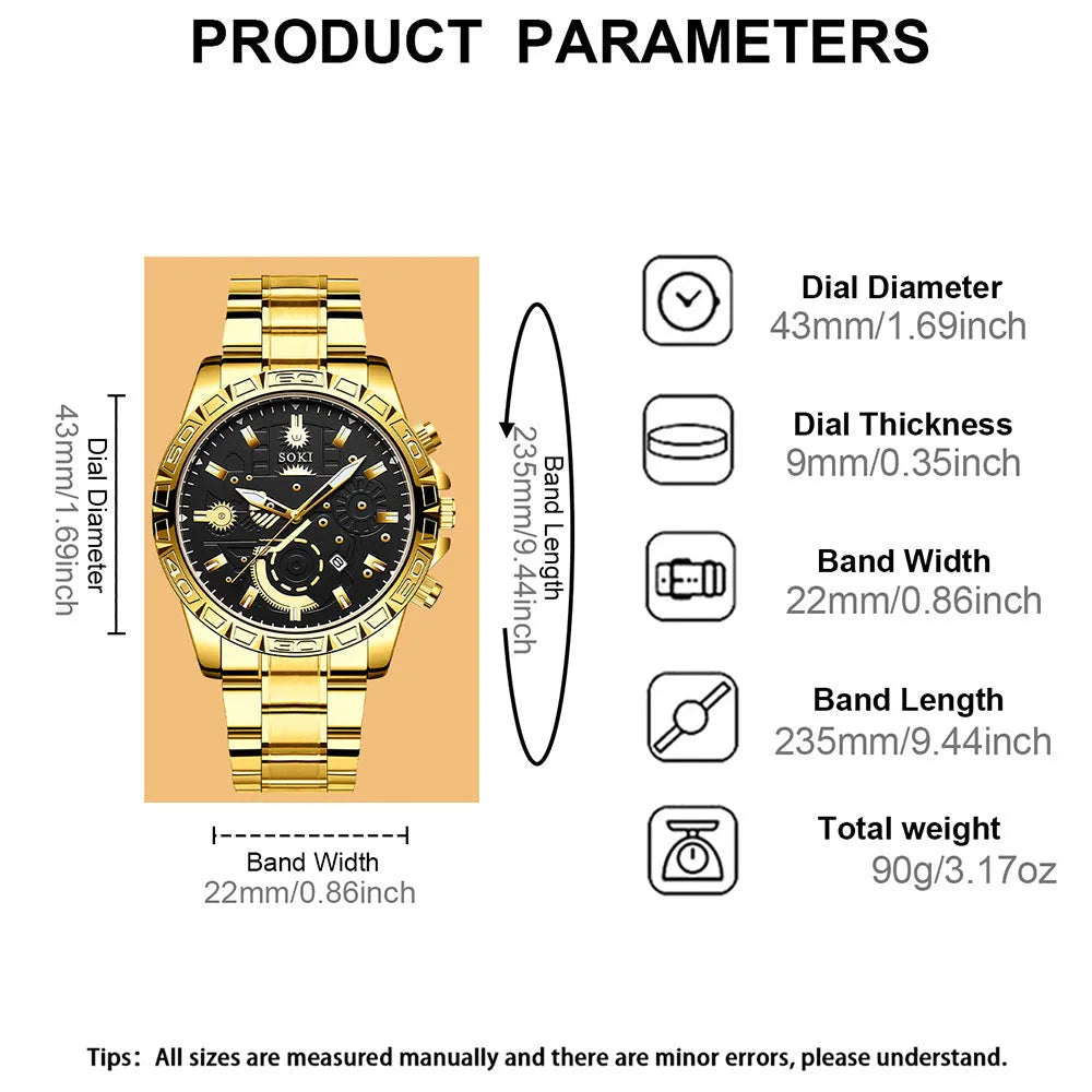 Gold-coloured men's stainless steel business quartz watch with calendar display