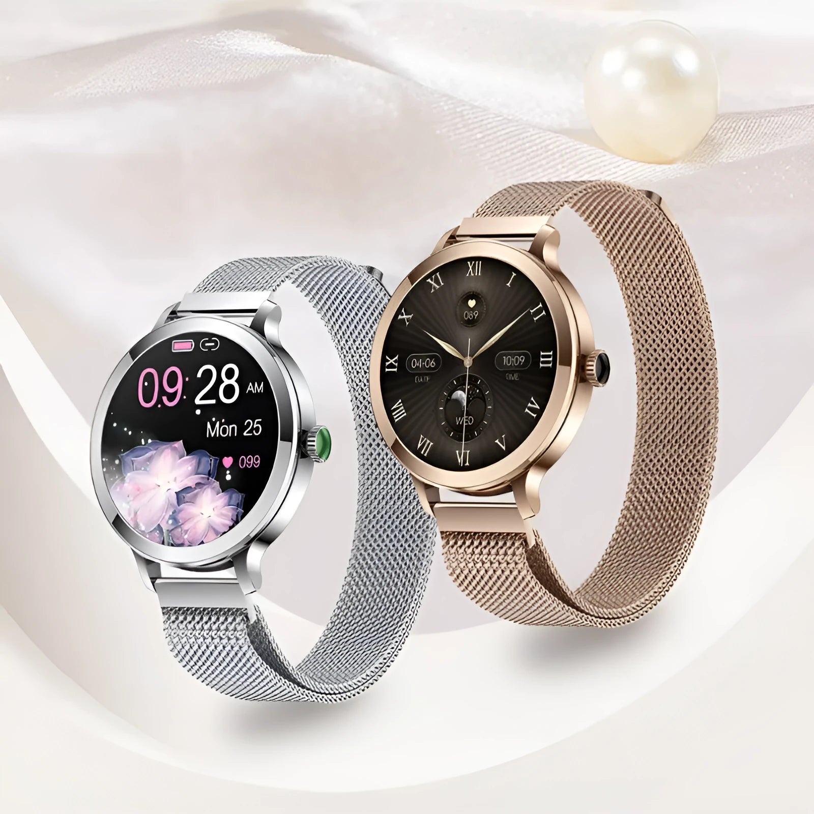 Women's AMOLED smart watch with Bluetooth calling and blood pressure monitoring on a wrist, gold steel finish, 1.106 inch screen