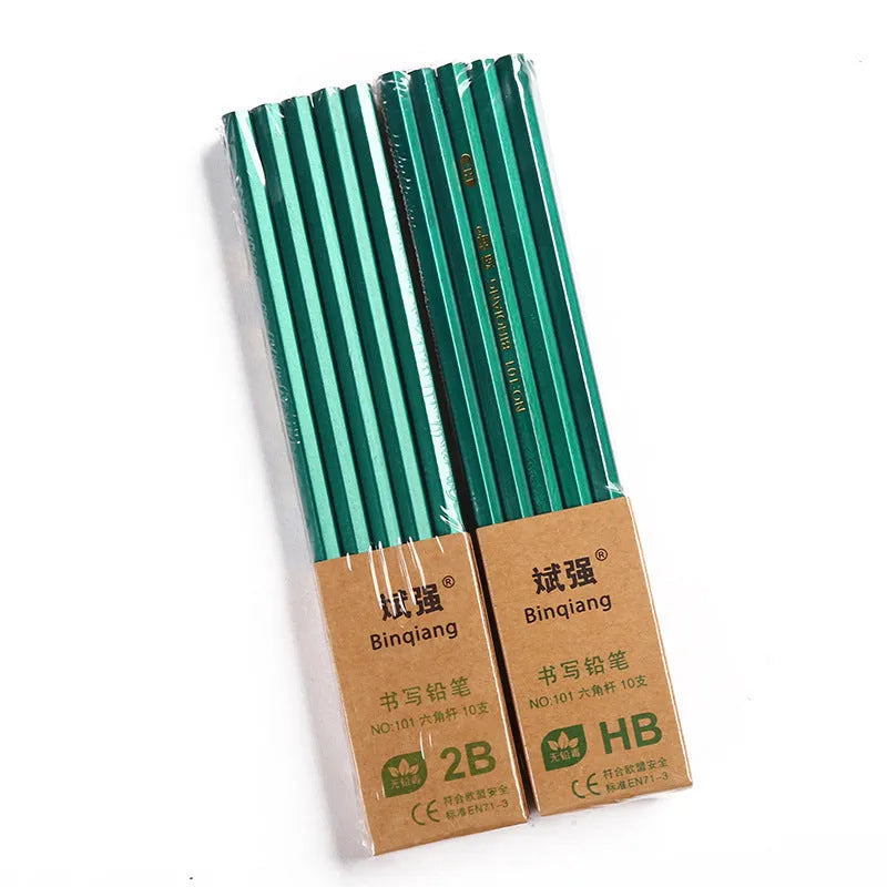 Box of 10 green hexagonal wooden pencils in 2B and HB graphite grades