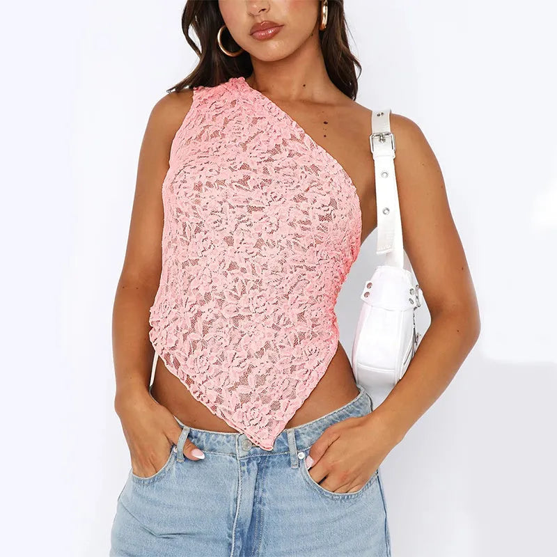 Women's lace backless sleeveless polyester vest top with asymmetrical neckline in solid colour