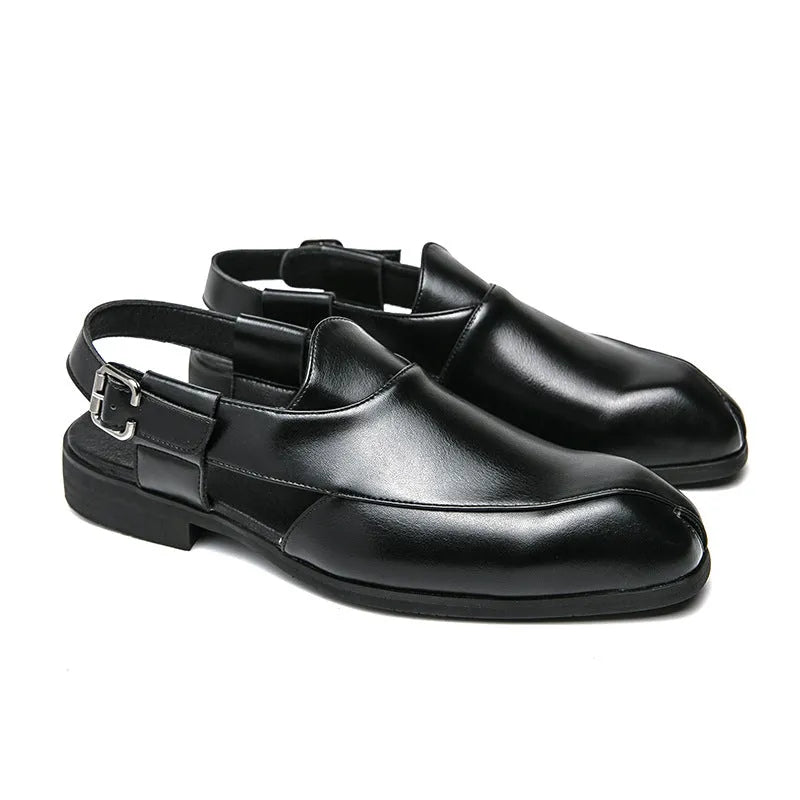 Plus size men's slip-on square toe artificial pu sandals in black with rubber sole and stitched detailing on a light background
