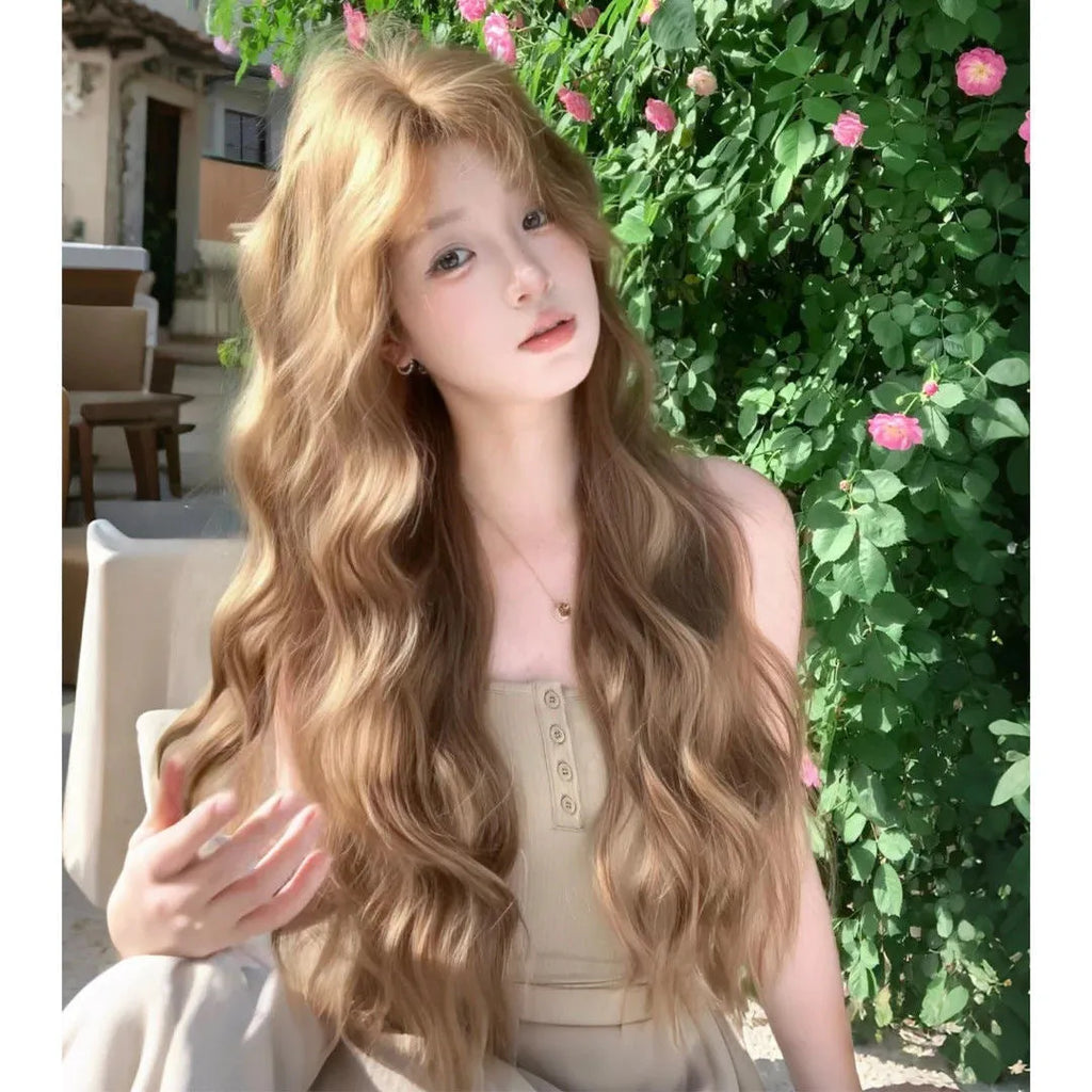 Linen brown medium length curly synthetic wig with hair net on display