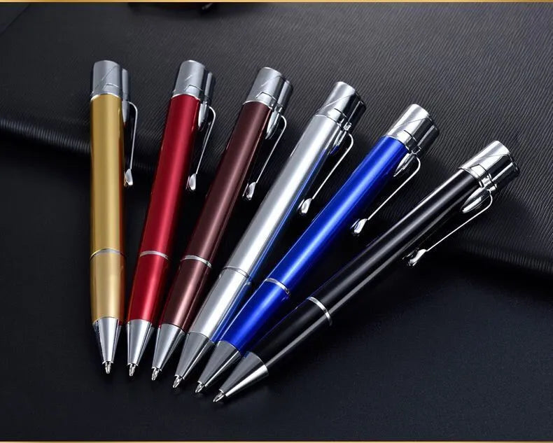 Windproof metal jet pen lighter in assorted colours showing slim refillable design