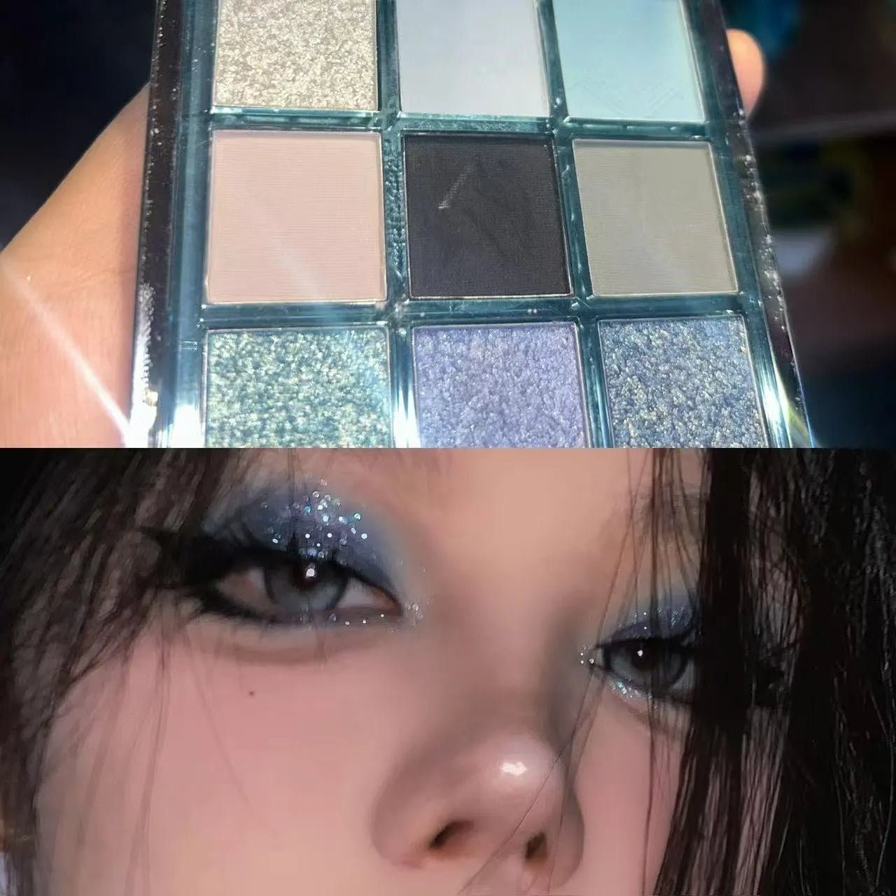 MUGELEEN nine-colour eye shadow palette showing matte and shimmer finishes in blue and smoked tones