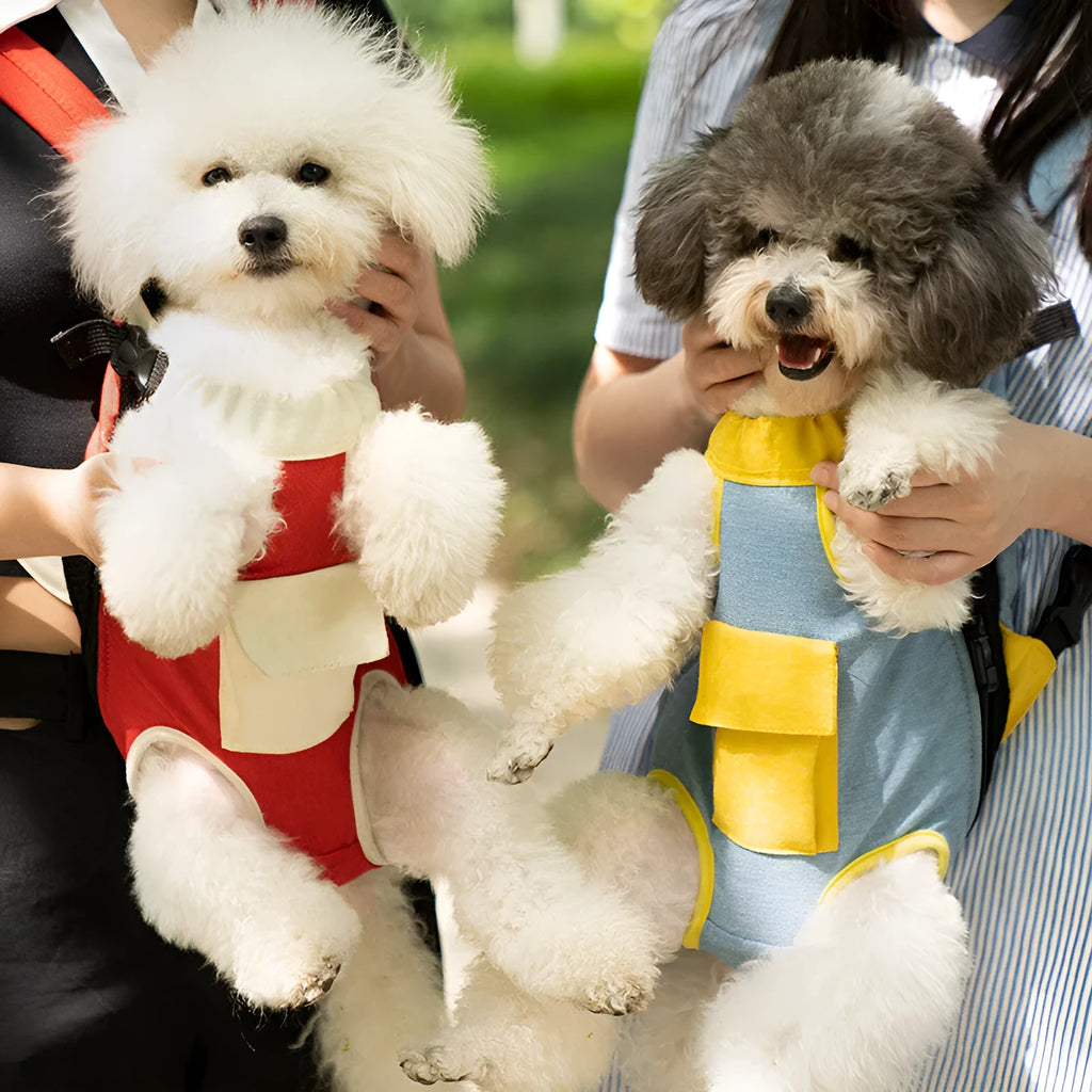 Canvas dog outing shoulder portable pet backpack in red and white with colour-matching trim, for small to medium dogs