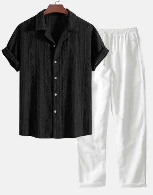 Men's slim fit camouflage print linen shirt and trousers casual set.