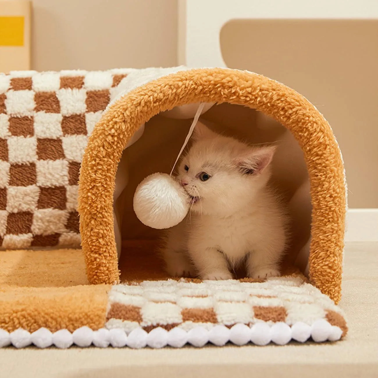 XL fan-shaped plush pet bed with tunnel design in coffee colour for dogs and cats