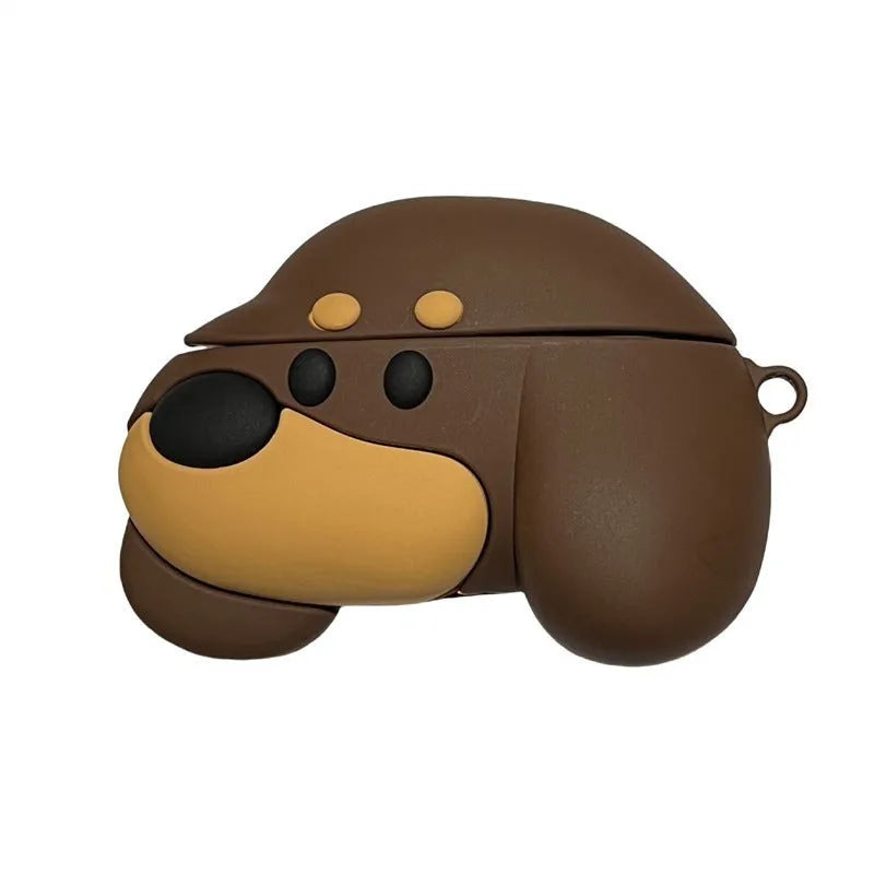 Brown puppy silicone earphone case on AirPods charging case with embossed cartoon design