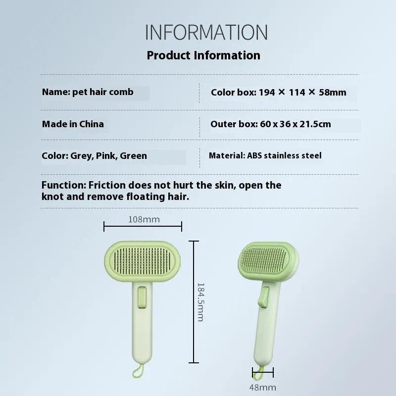 Large pet grooming comb with stainless steel teeth and one-click cleaning button in light grey colour