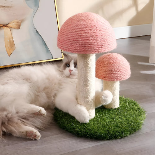 Pink mushroom-shaped cat scratching post with sisal caps and pole for small cats.