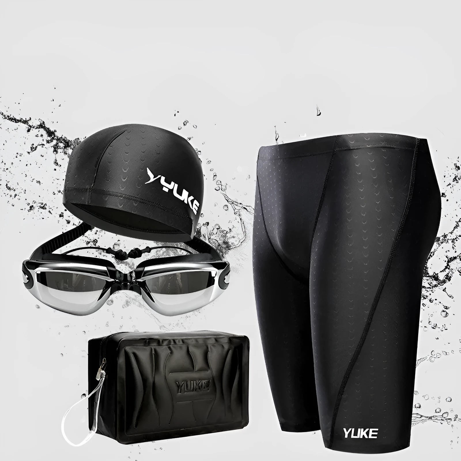 Men's black swim set with trunks, anti-fog goggles, waterproof cap, ear plugs with nose clip, and swimming bag