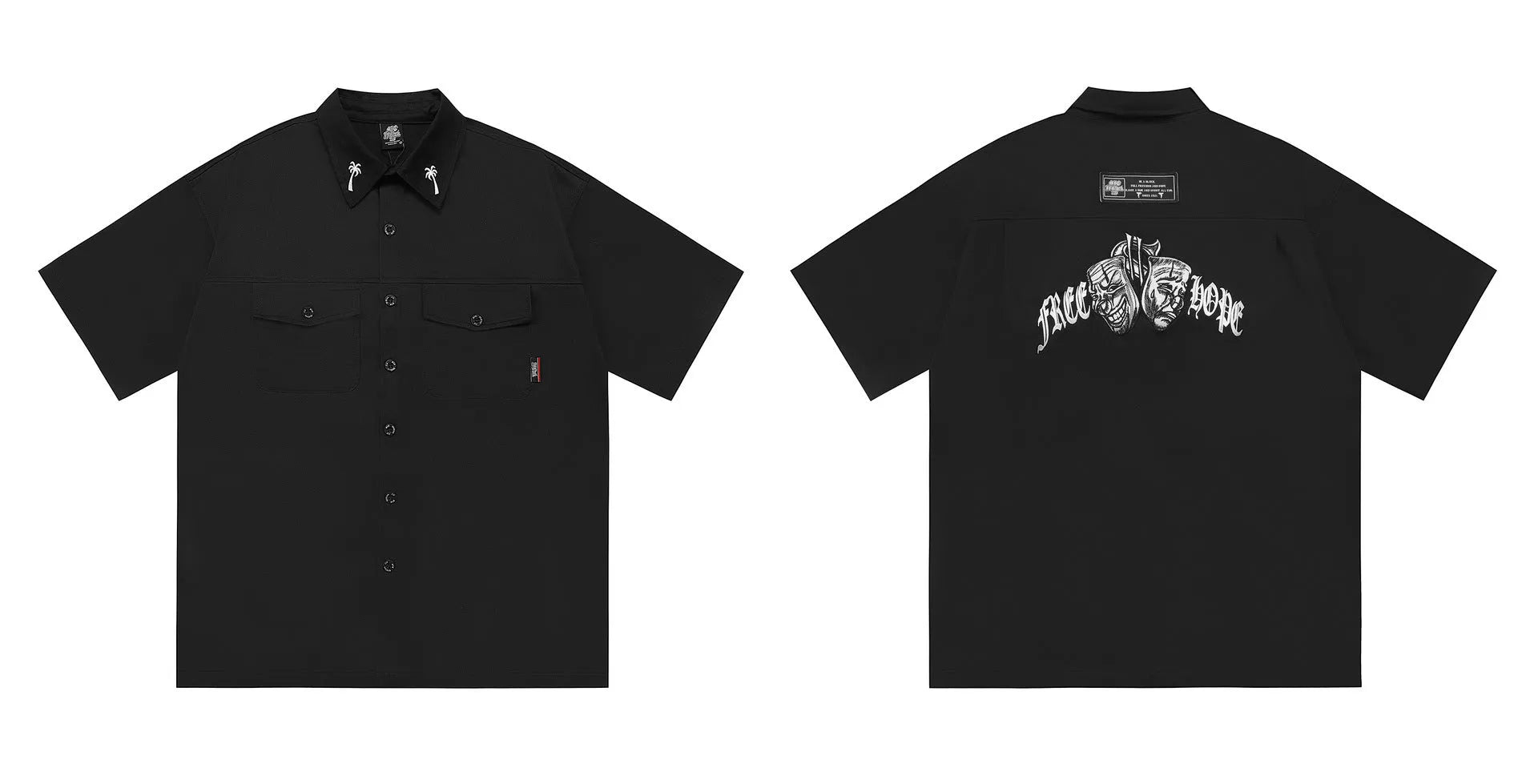 Men's cotton blend pocket work shirt in black or khaki with half sleeves and loose fit