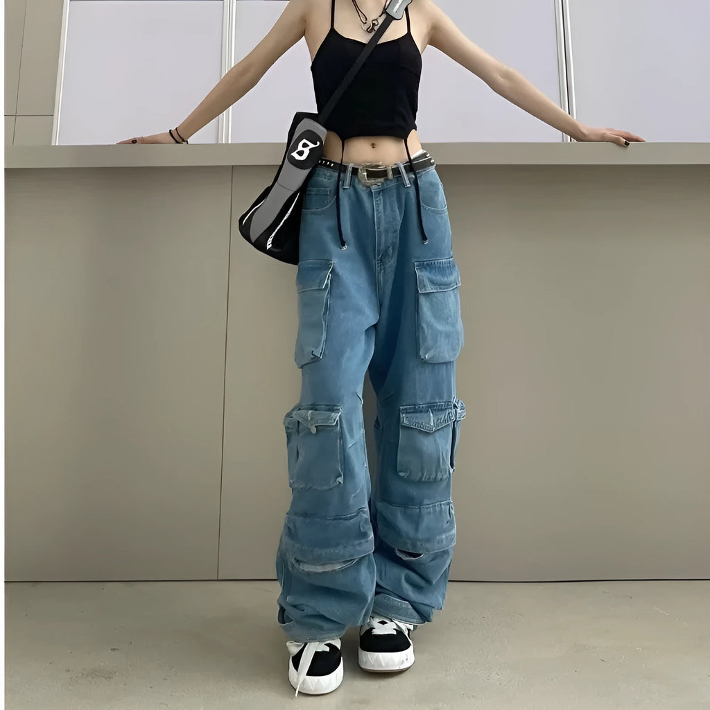 Women's high waist wide leg jeans in tie-dyed denim with multi-pocket street hipster styling