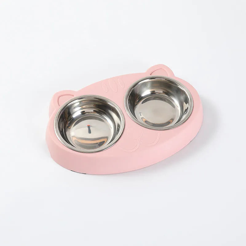 Blue plastic pet feeding tray with double bowl design and four compartments for cat or dog food and water