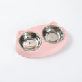 Blue plastic pet feeding tray with double bowl design and four compartments for cat or dog food and water