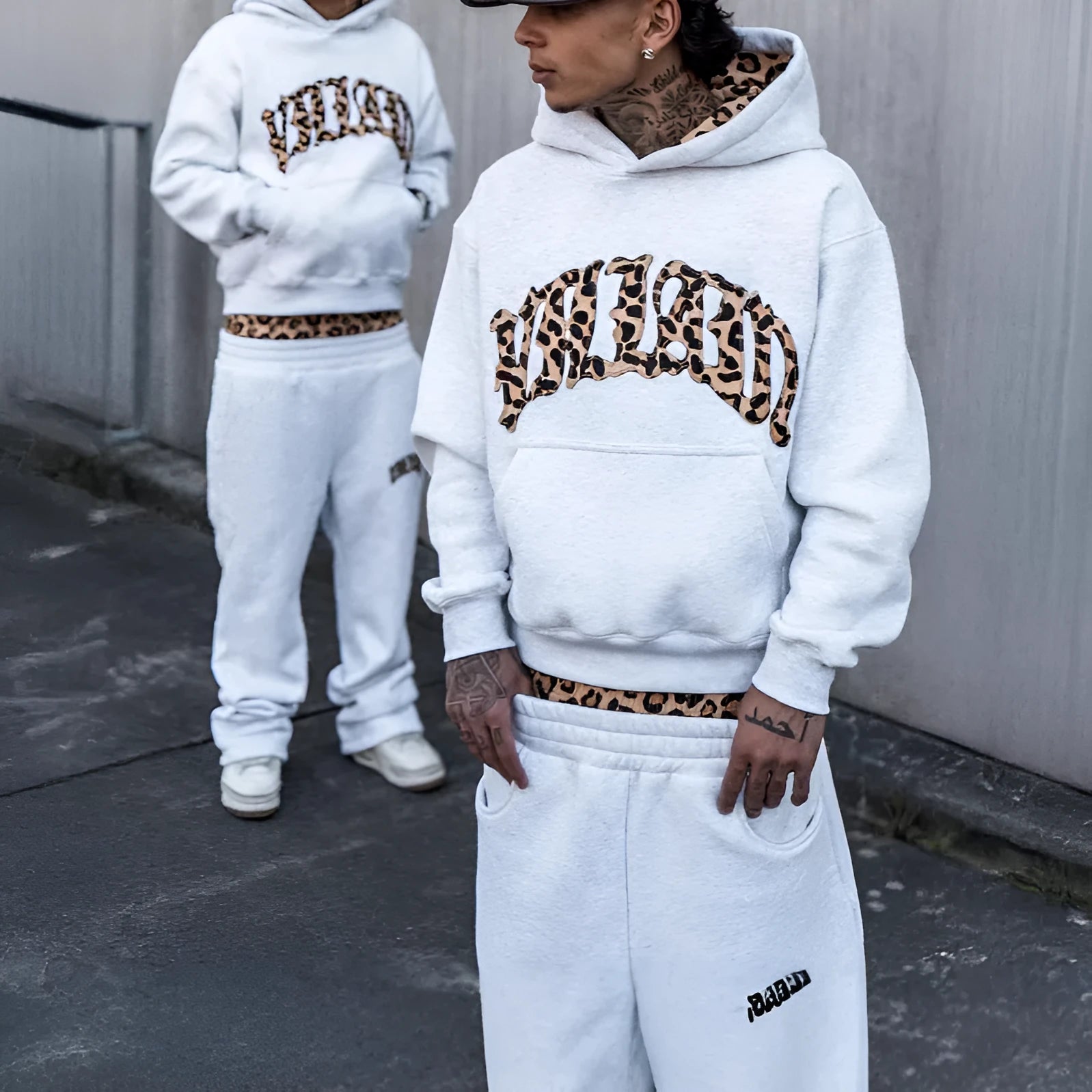 Leopard print letter embroidery street casual trousers and hoodie set for men and women in black and light gray polyester fabric