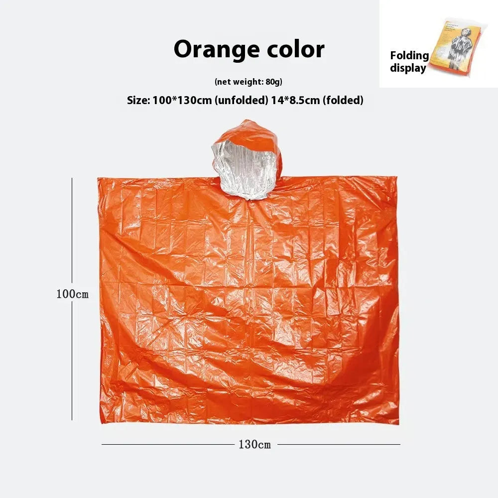 Orange and army green marathon raincoat showing 100x130cm dimensions for cross-country use