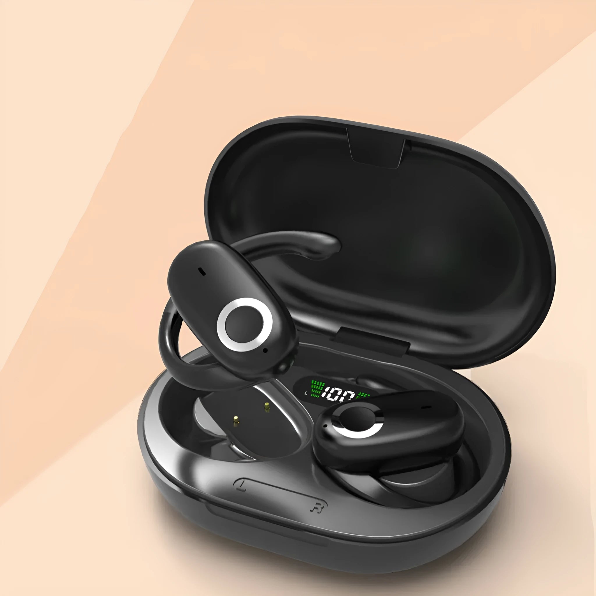 Simple Home rotating wireless Bluetooth headset in black with digital display screen, ear-mounted style