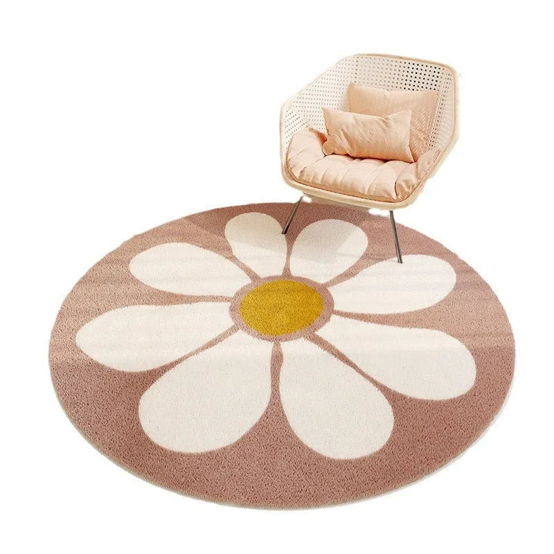 Round polyester fibre floor mat with cute cartoon animal print, non-slip backing, 60-200cm diameter