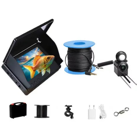 Underwater fish finder HD camera with 4.3-inch IPS screen showing underwater footage with night vision lights active.