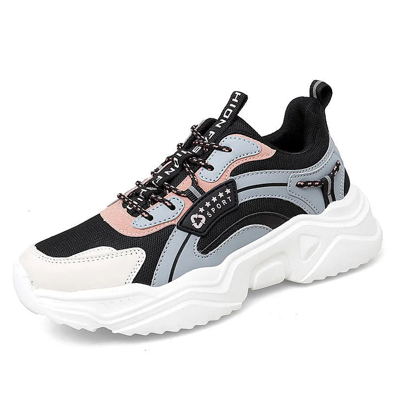Women's white mesh casual sports shoes with thick PU sole, buckle detail, and a middle heel.