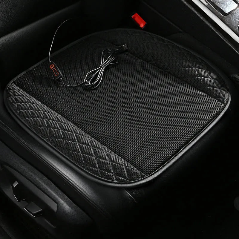 USB ventilated car seat cushion with suede cover in multiple colours, showing fan vents and USB cable.