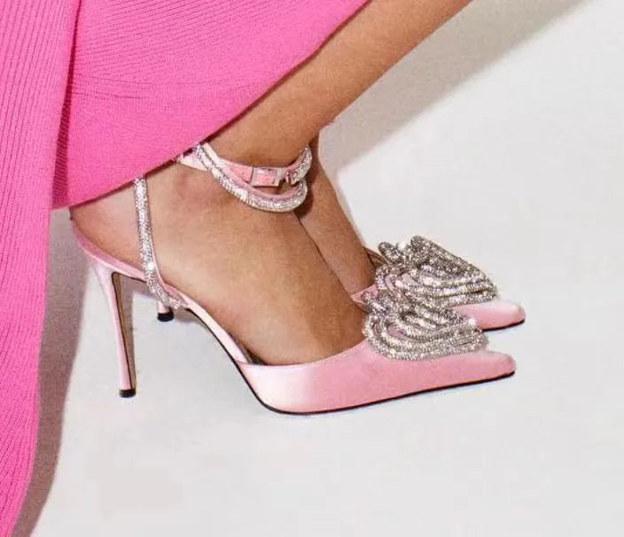 Women's pointed toe sandals with heart-shaped rhinestone decoration on satin upper with winding straps