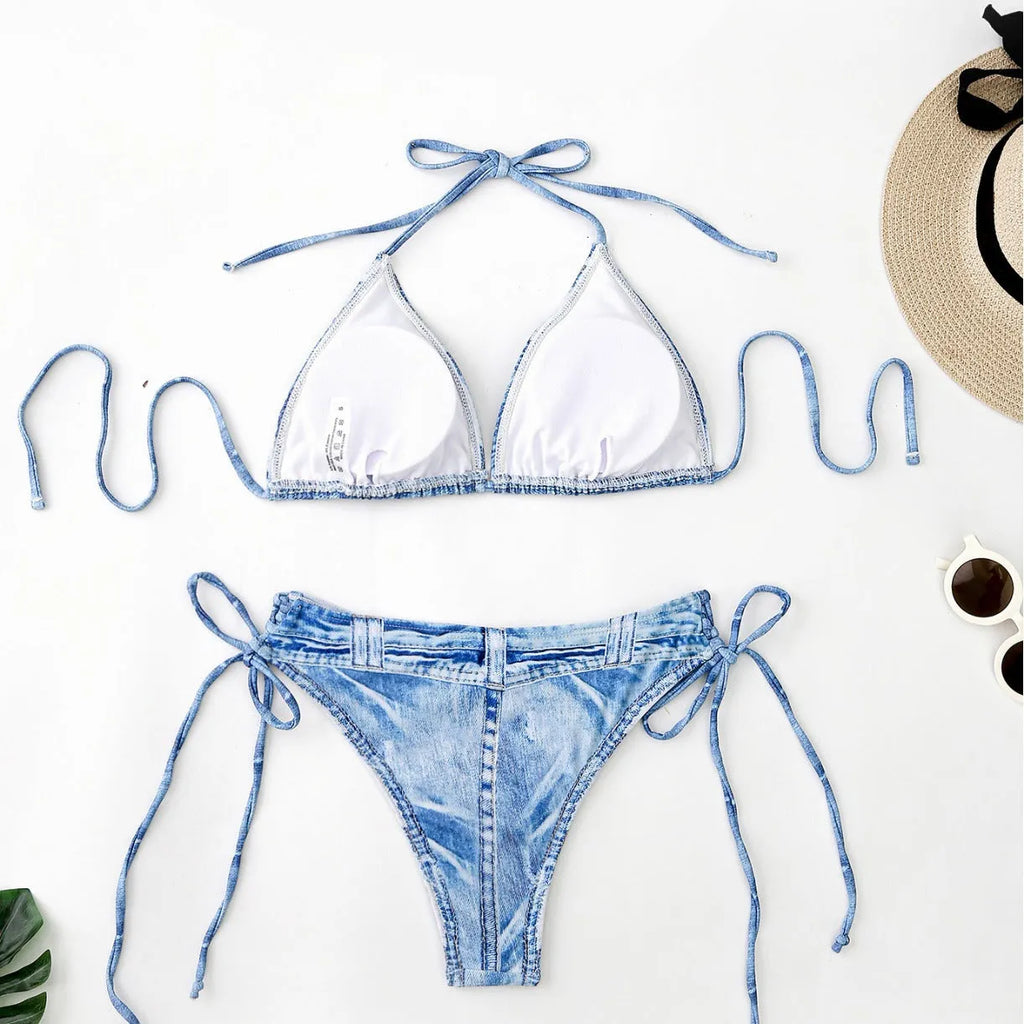 Women's denim two-piece bikini swimsuit in rose red polyester with sexy pattern, sizes S to XL