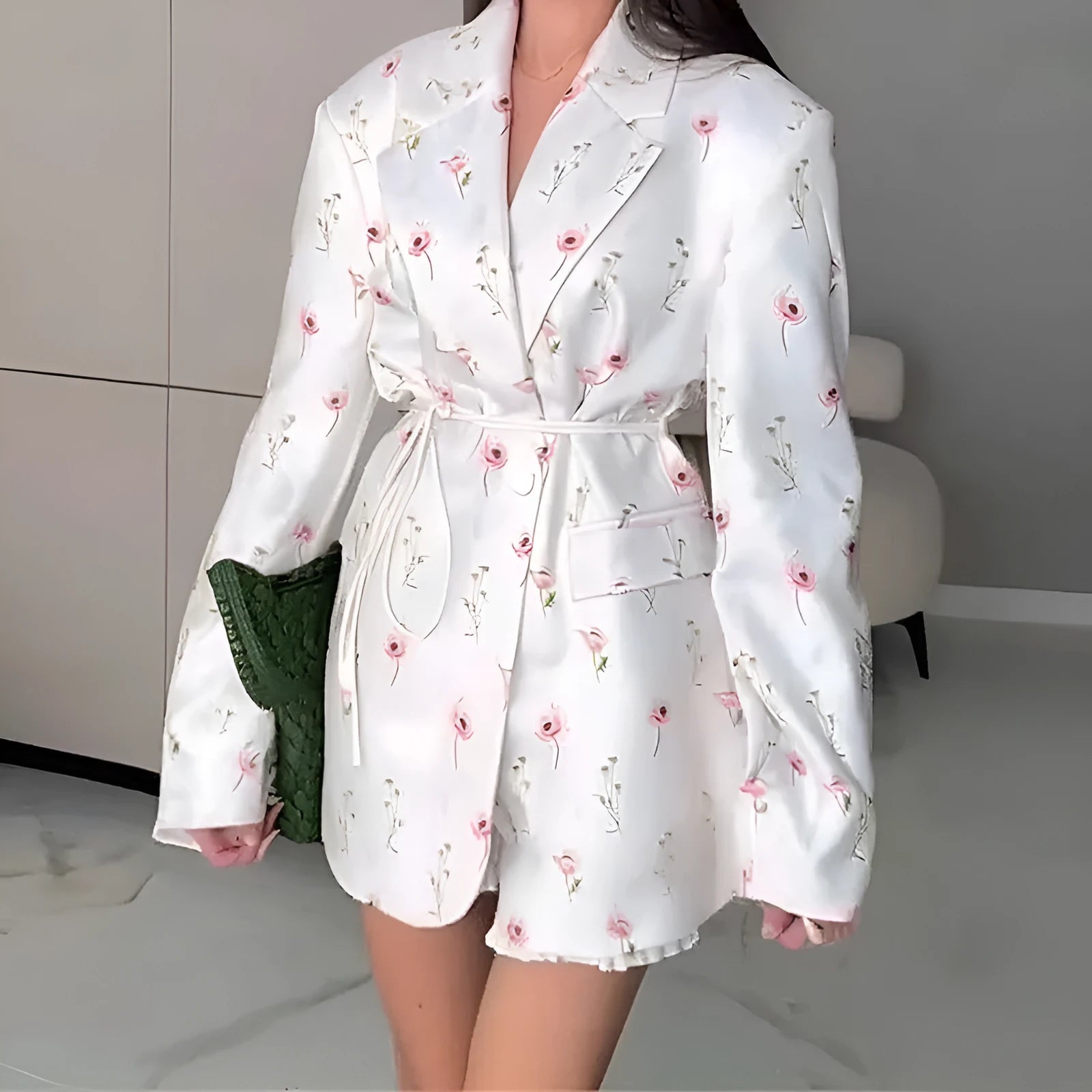 Suit jacket with lace-up collar and waist tie in polyester fabric with long sleeves