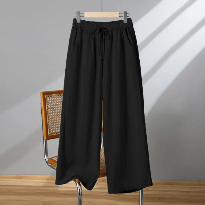 Women's straight-leg casual trousers with drawstring waist in polyester fabric